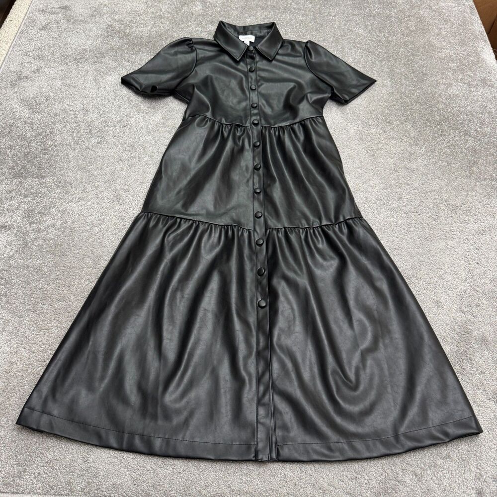 Evereve Elliott Tiered Midi Dress Women Small Black Faux Leather Pockets NWT